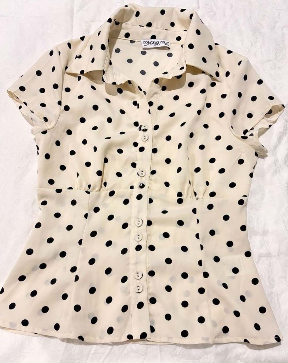 Princess Polly Cottesloe Blouse Size US 2 Cream Polka Dot